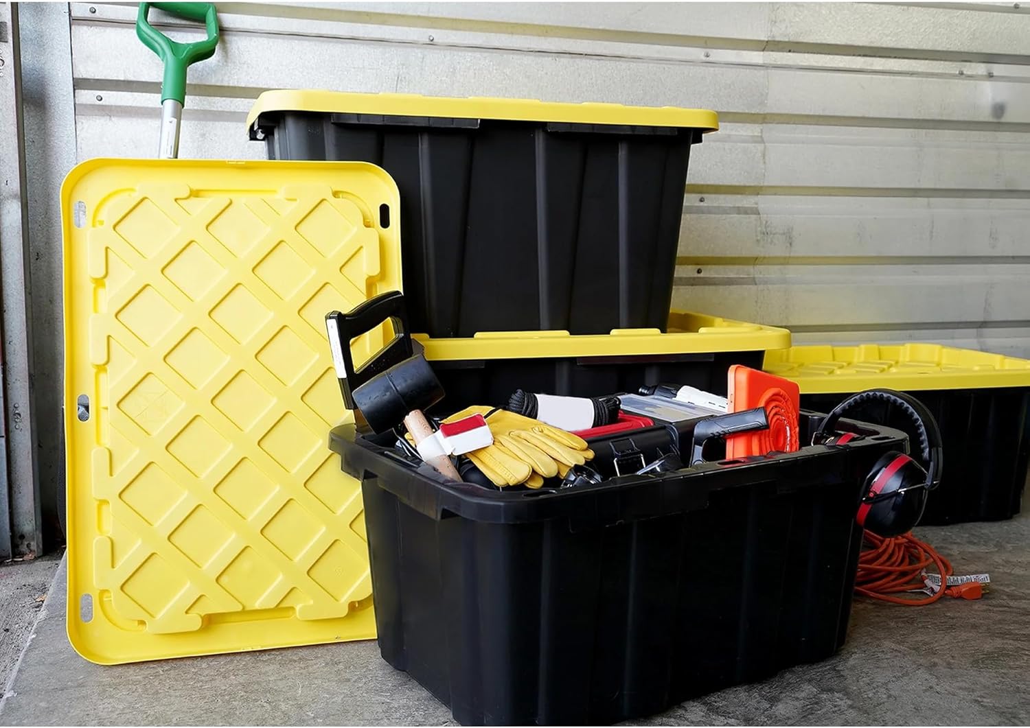 40 Gallon Tote 2 Pack, Heavy Duty Stackable Plastic Storage Bins with Lids, Black & Yellow Industrial Tough Containers for Garage, Moving, Truck Transport, Job Site Organization