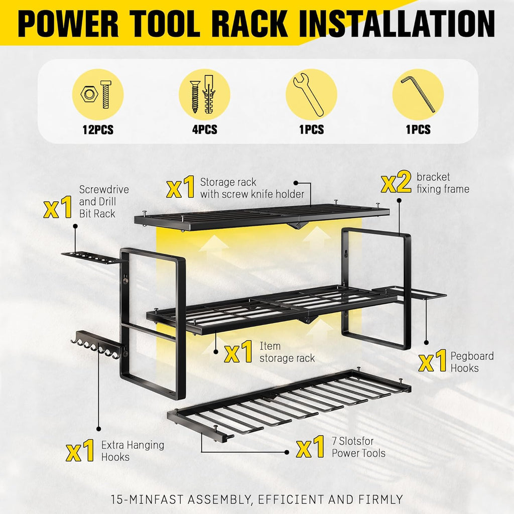 Wall-Mount Tool Storage Rack with 7 Drill Holders, Heavy-Duty Organizer for Dad & Men Gifts