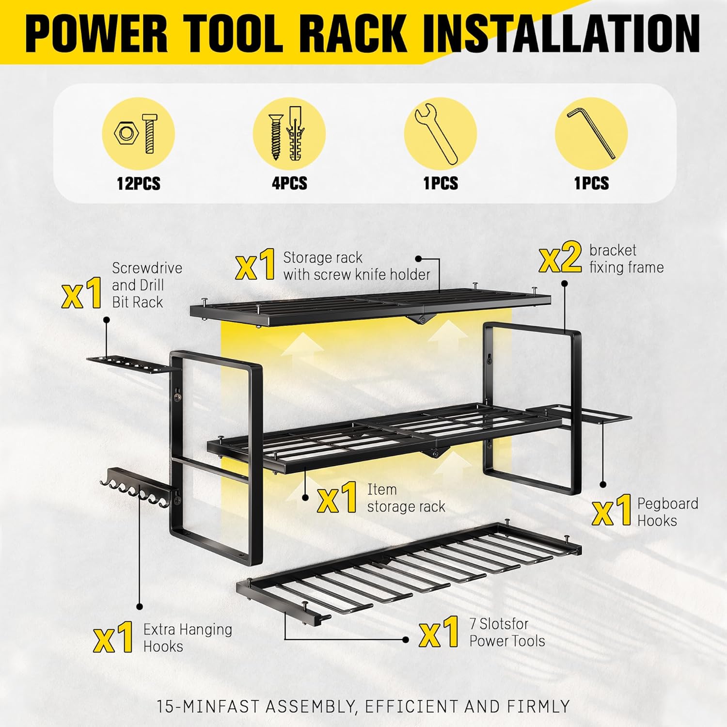 Wall-Mount Tool Storage Rack with 7 Drill Holders, Heavy-Duty Organizer for Dad & Men Gifts