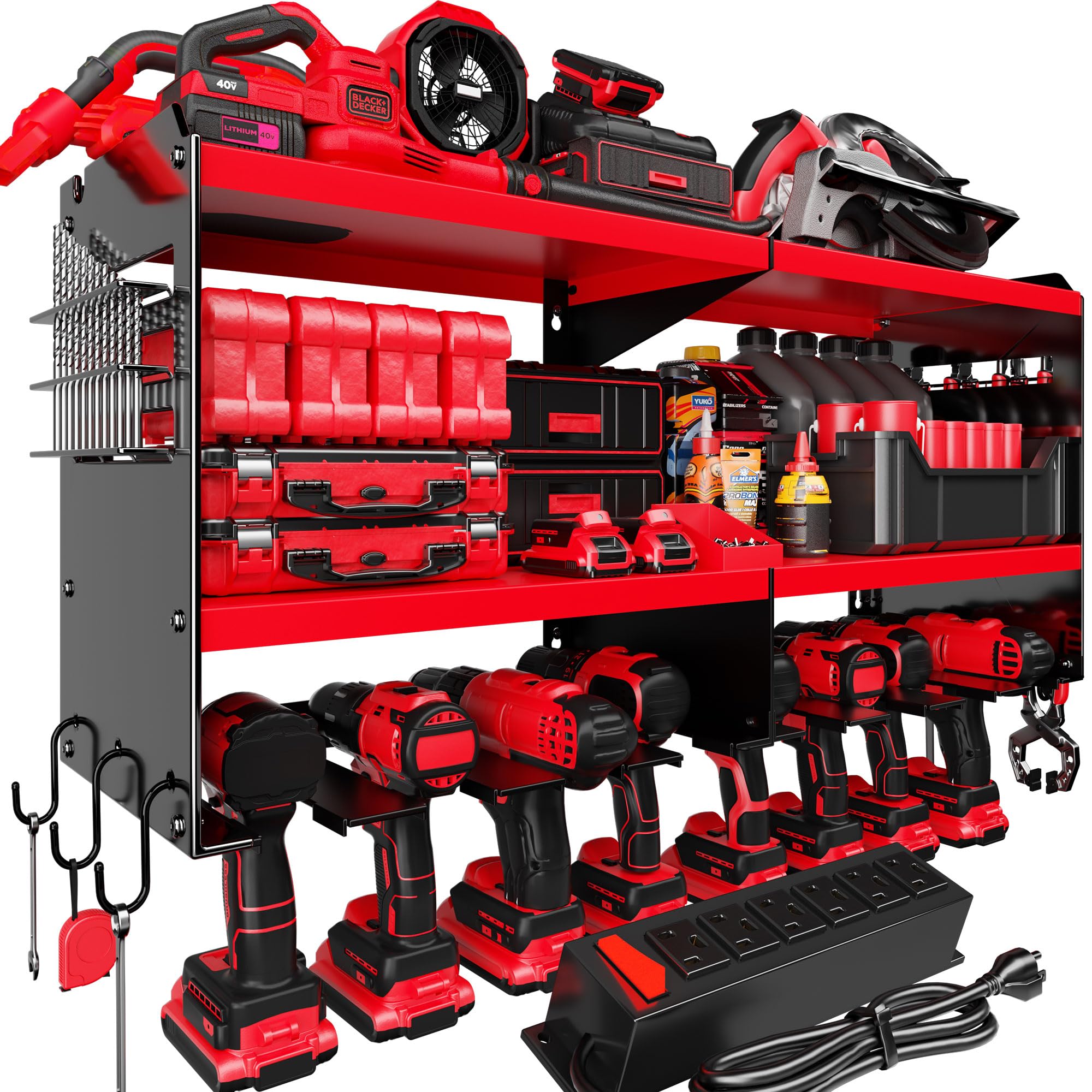 Spampur Fathers Day Gift,Power Tool Organizer Wall Mount with Charging Station, 3 Layer Heavy Duty Metal Tool Storage Rack Loads 420lbs with 6 Cordless Drill Holder, Garage Workshop