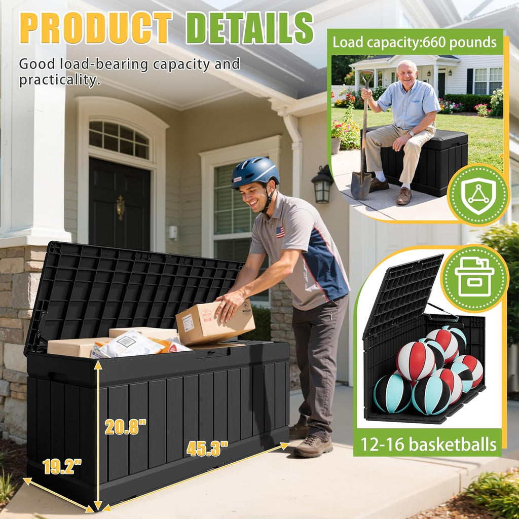Greesum Outdoor Storage Box 82 Gallon Storage Bin with Lid for Patio Furniture, Garden Tools, Pool Supplies, Waterproof and UV Resistant, Lockable, Black