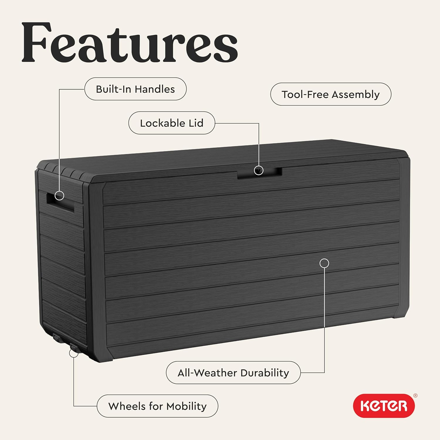 Keter Atlas 70 Gallon Deck Box – Weather‑Resistant Outdoor Storage Chest for Patio, Yard & Pool, Durable Resin Construction, Lockable Lid, Easy‑Open Design