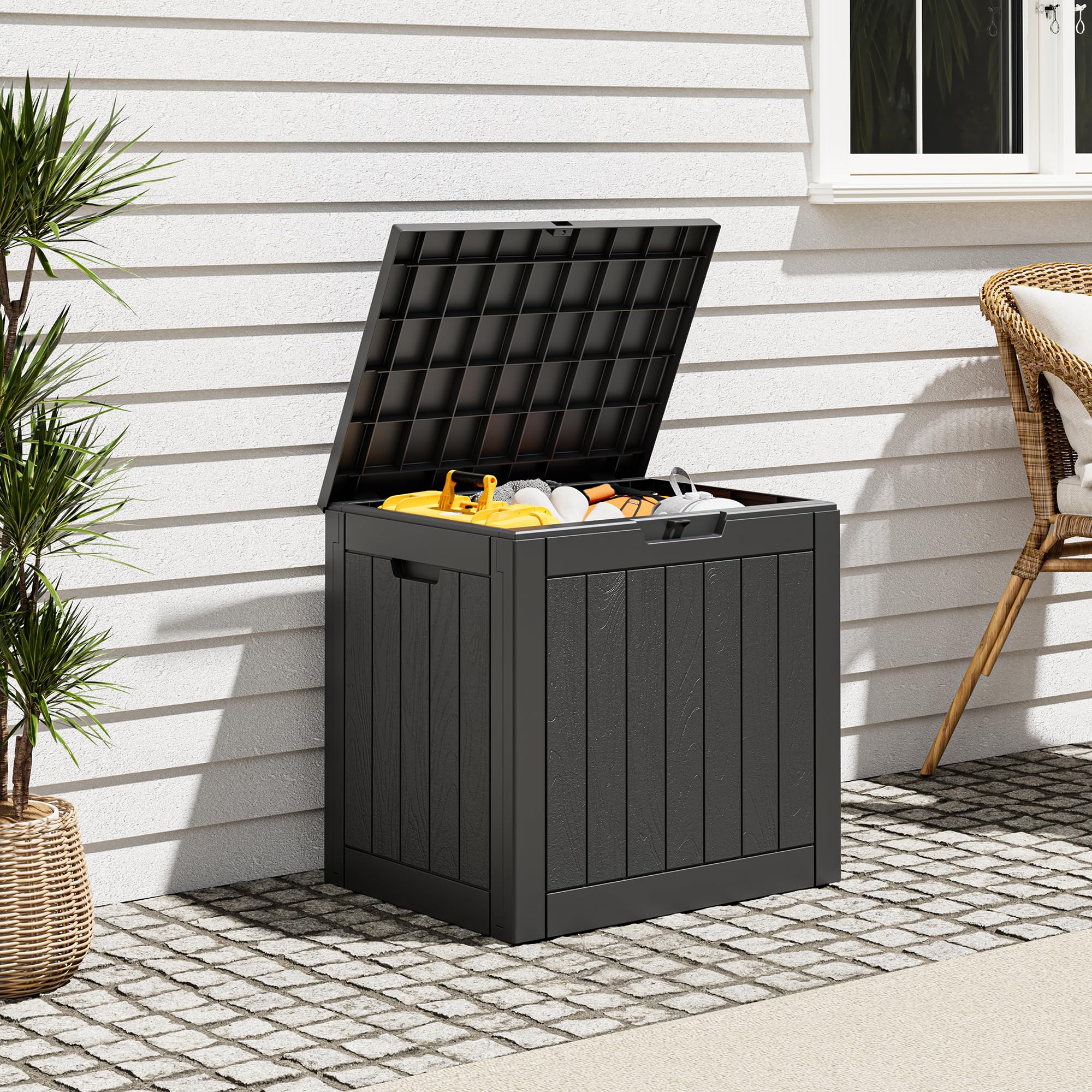 Outdoor Storage Box, Resin Deck Boxes Indoor and outdoor, Waterproof Storage Box Lockable Lid (Black, 85 Gallon)