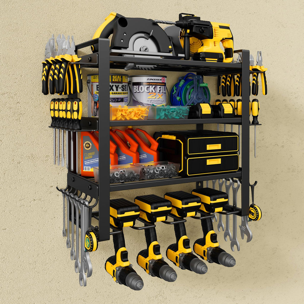 Jusgym Power Tool Organizer Wall Mount |350lbs Garage Tool Storage Rack with 6 Cordless Drill Holder |3-Tier 32''W Heavy Duty Garage Organization |Fathers Day Dad Gifts for Men