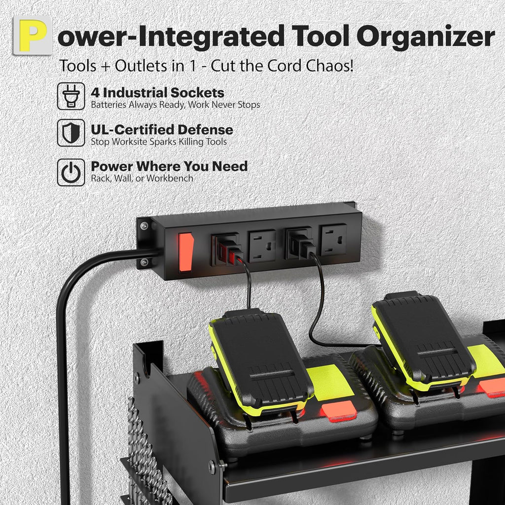 Spampur Fathers Day Gift,Power Tool Organizer Wall Mount with Charging Station, 3 Layer Heavy Duty Metal Tool Storage Rack Loads 420lbs with 6 Cordless Drill Holder, Garage Workshop