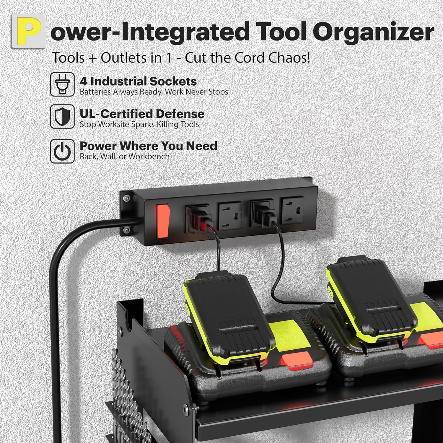 Spampur Fathers Day Gift,Power Tool Organizer Wall Mount with Charging Station, 3 Layer Heavy Duty Metal Tool Storage Rack Loads 420lbs with 6 Cordless Drill Holder, Garage Workshop