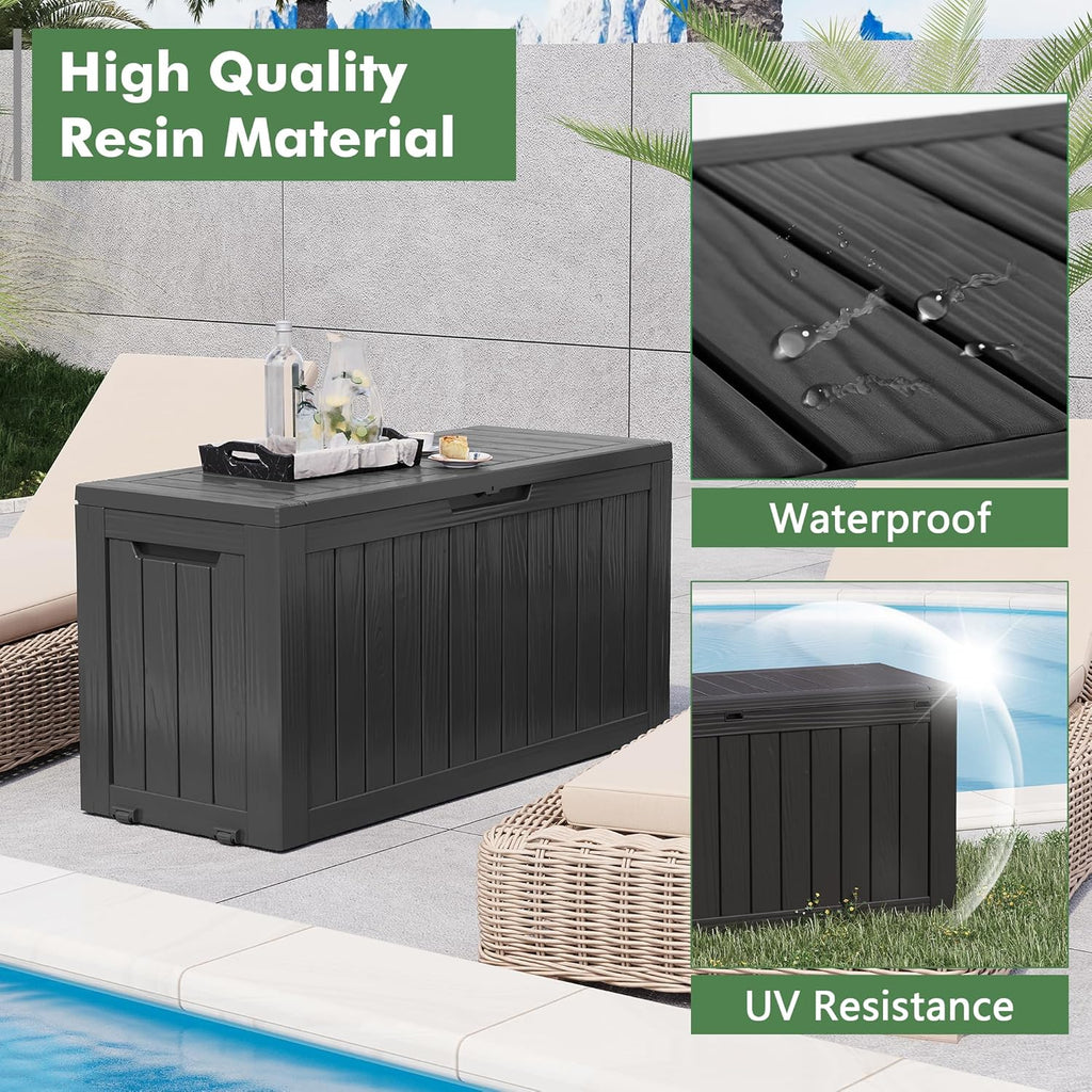 Outdoor Storage Box, Resin Deck Boxes Indoor and outdoor, Waterproof Storage Box Lockable Lid (Black, 85 Gallon)