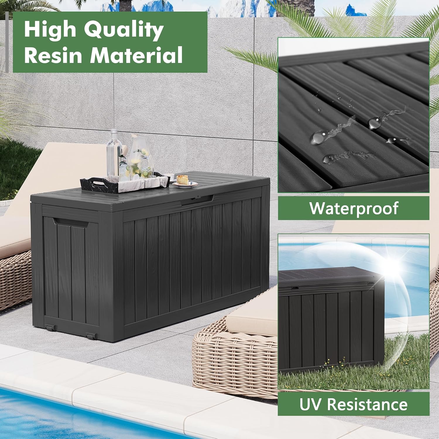 Outdoor Storage Box, Resin Deck Boxes Indoor and outdoor, Waterproof Storage Box Lockable Lid (Black, 85 Gallon)