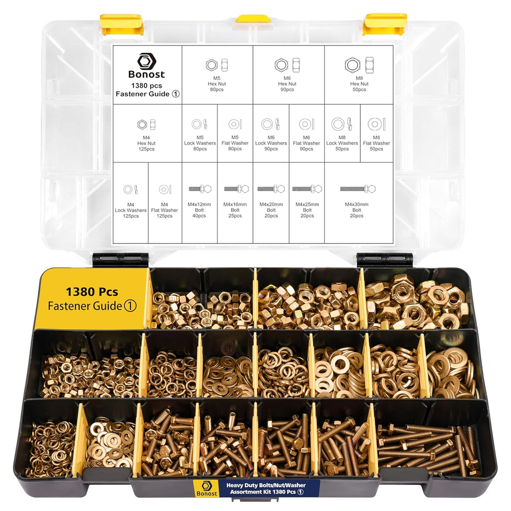 Bonost 1380pcs Nuts and Bolts Assortment Kit - Heavy Duty Grade 8.8 Metric M4 M5 M6 M8 Bolt Set with Assorted Nuts and Washers, Yellow Zinc Plated, Length from 12-30mm