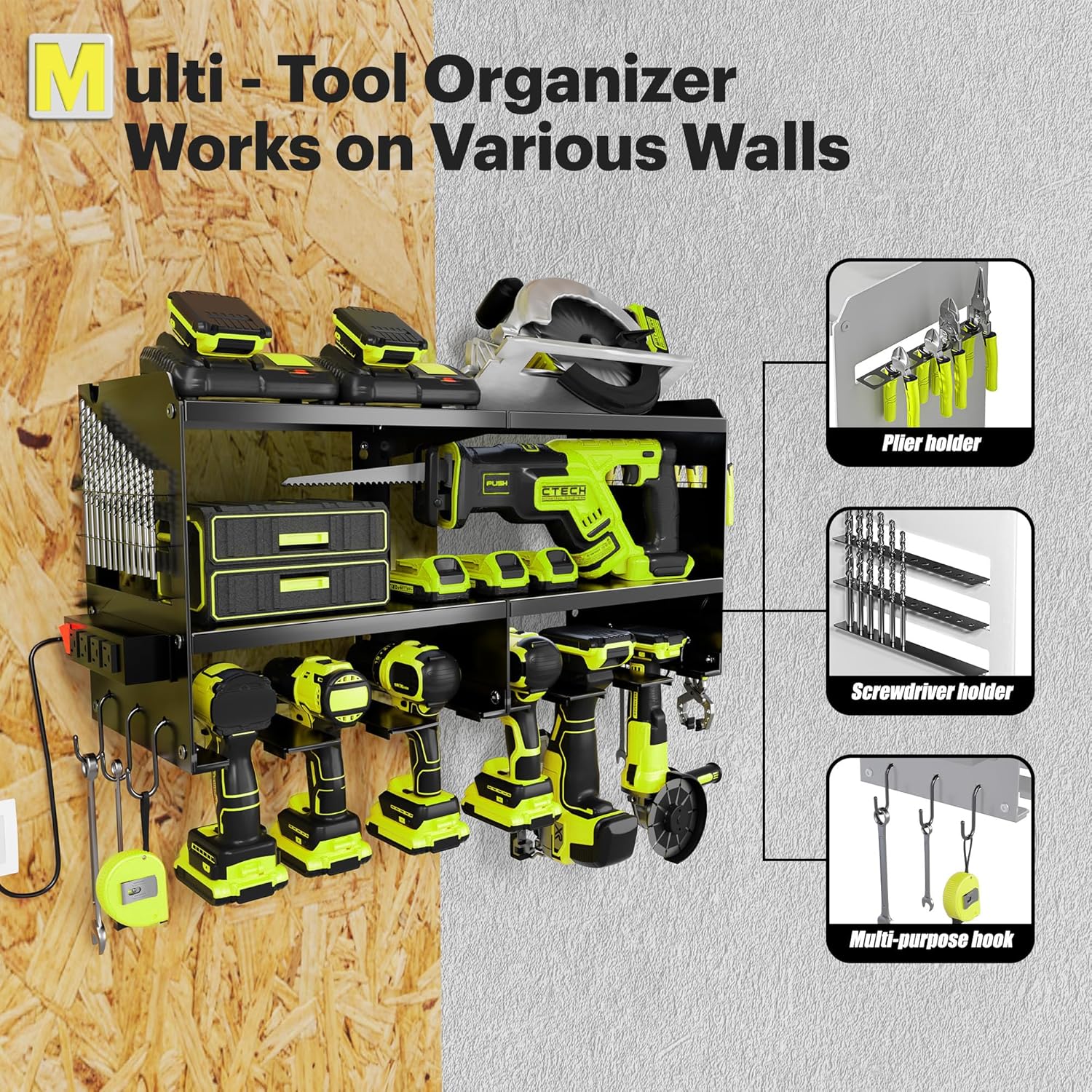 Spampur Fathers Day Gift,Power Tool Organizer Wall Mount with Charging Station, 3 Layer Heavy Duty Metal Tool Storage Rack Loads 420lbs with 6 Cordless Drill Holder, Garage Workshop