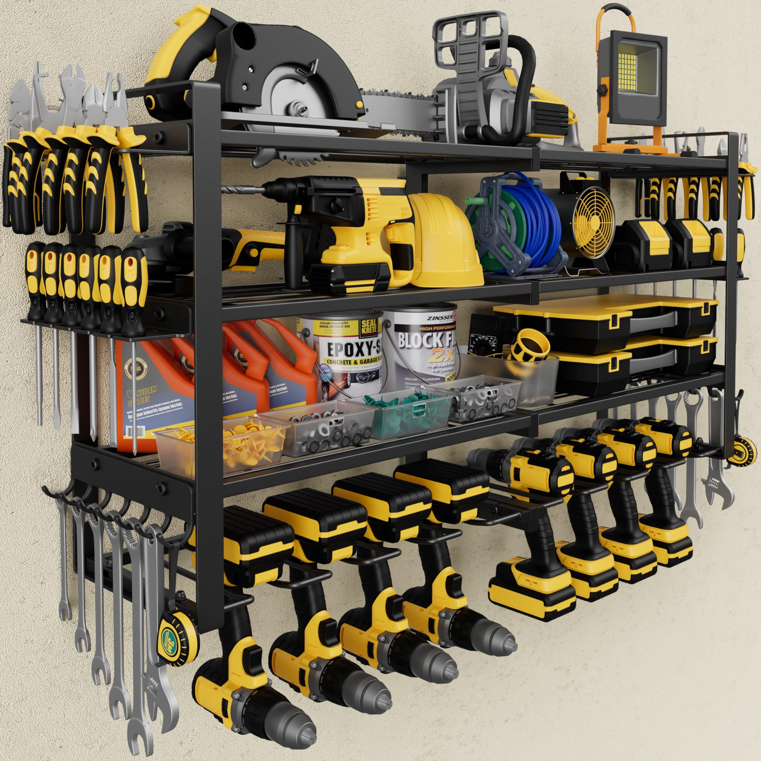 Jusgym Power Tool Organizer Wall Mount |350lbs Garage Tool Storage Rack with 6 Cordless Drill Holder |3-Tier 32''W Heavy Duty Garage Organization |Fathers Day Dad Gifts for Men