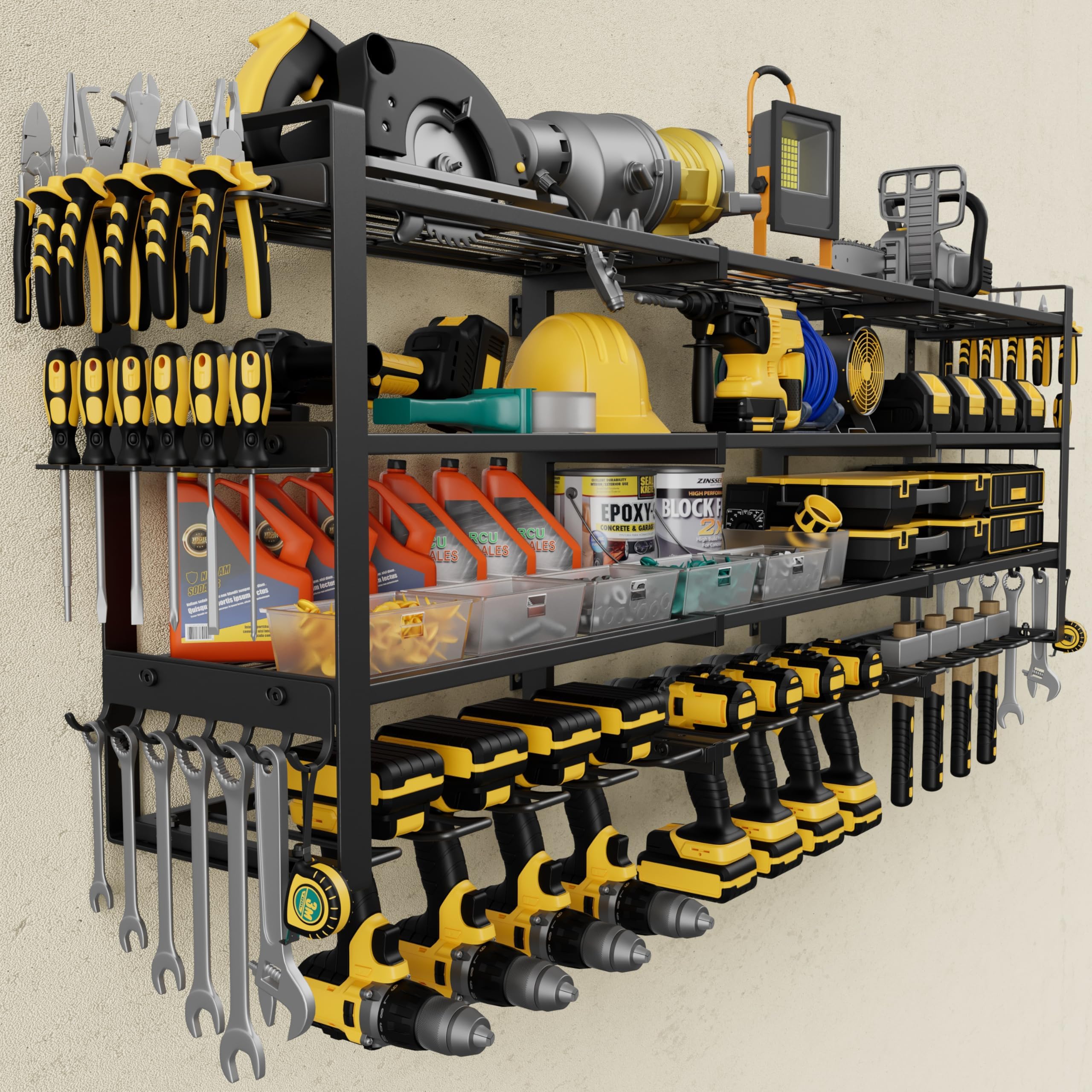 Jusgym Power Tool Organizer Wall Mount |350lbs Garage Tool Storage Rack with 6 Cordless Drill Holder |3-Tier 32''W Heavy Duty Garage Organization |Fathers Day Dad Gifts for Men