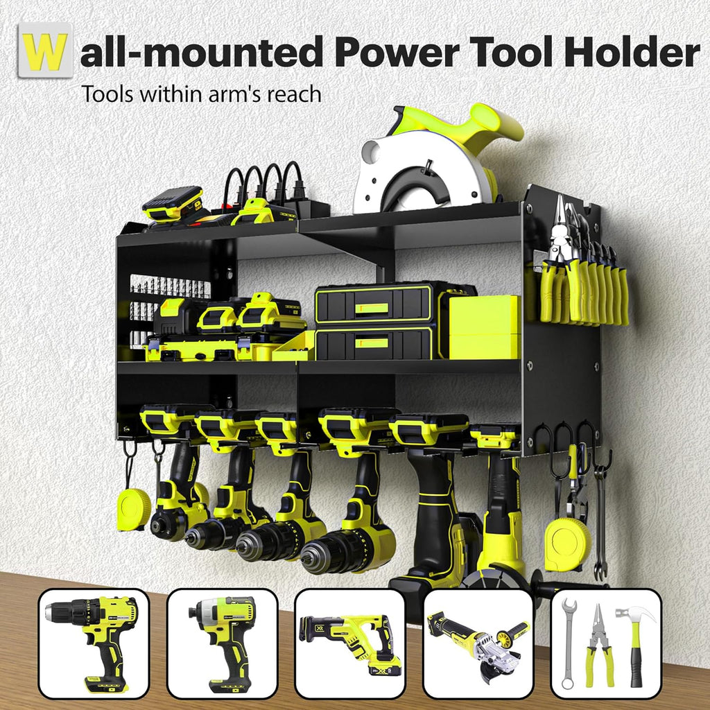Spampur Fathers Day Gift,Power Tool Organizer Wall Mount with Charging Station, 3 Layer Heavy Duty Metal Tool Storage Rack Loads 420lbs with 6 Cordless Drill Holder, Garage Workshop
