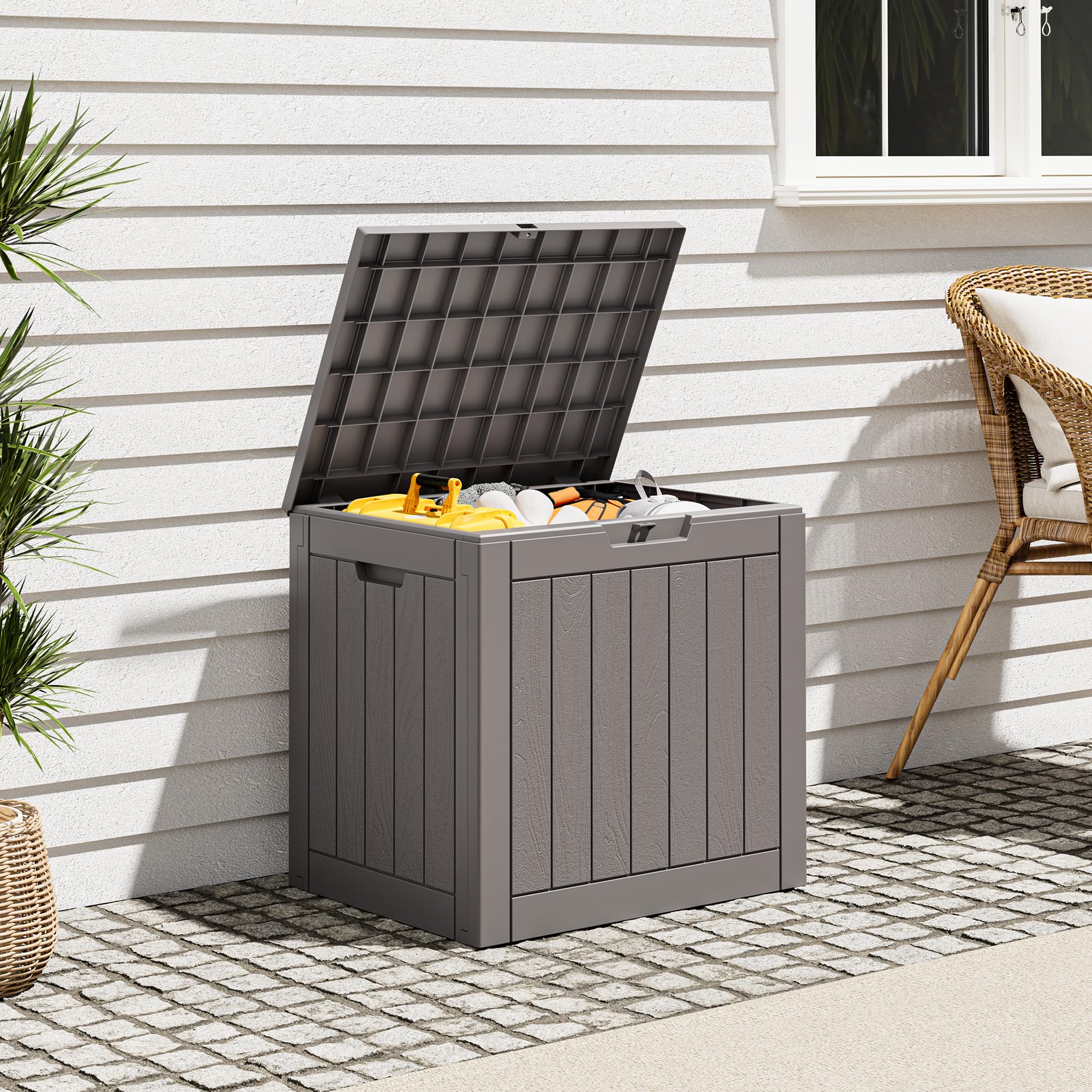 Outdoor Storage Box, Resin Deck Boxes Indoor and outdoor, Waterproof Storage Box Lockable Lid (Black, 85 Gallon)